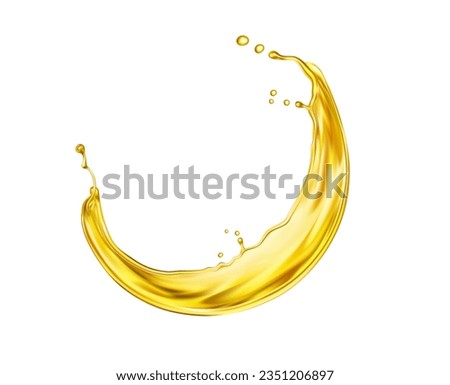Liquid beer, oil or juice swirl splash with transparent flow wave, realistic vector. Golden oil essence or fruit juice and cold beer or sweet syrup spill splash with droplets splatter in round flow