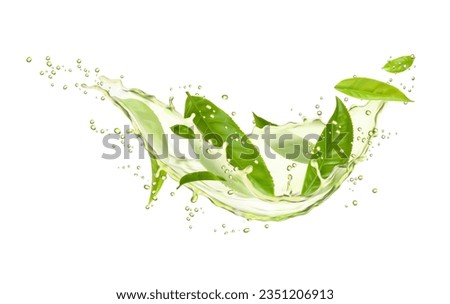 Green tea drink swirl splash, leaves and drops. Isolated 3d vector herbal transparent beverage cascade with fresh foliage exuding refreshing and invigorating aura. fresh clear natural refreshment flow