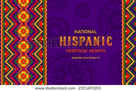 National hispanic heritage month festival banner with ethnic ornament pattern. Latin culture carnival background, Hispanic heritage festival vector flyer with mexican traditional embroidery ornament
