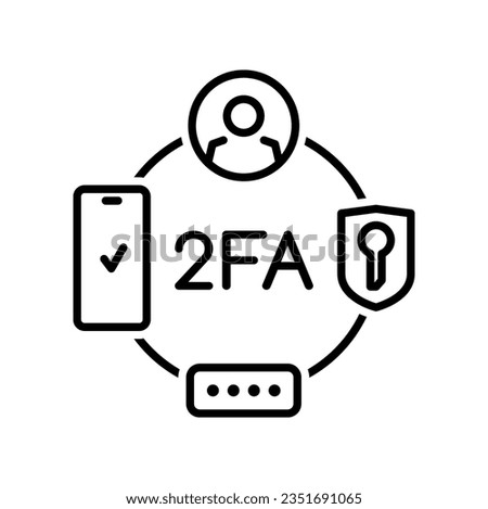 2FA icon, two factor verification password and login for user identity authentication, vector internet security. Thin line circle diagram with mobile phone, secure shield, key and push code notice