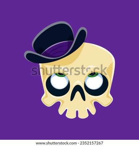 Cartoon Halloween skull emoji character. Isolated vector playful cranium emoticon with wide grinning cartoonishly spooky face. Wearing a bowl hat and rolled up eyes, adding an eerie touch to messages