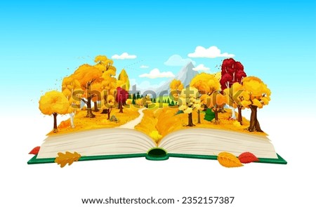 Cartoon opened book with autumn forest and mountains, vector fall season, reading, literature education. Magic or fairytale storybook with autumn forest nature landscape, trees and fields with pathway