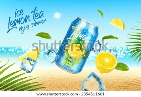 Realistic ice lemon tea drink can with ice cubes, fruit and leaves on summer beach sand. Vector advertising banner providing refreshing beverage experience, amidst the summer beach scenery escape