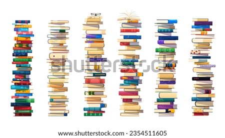 High book stacks in piles, school textbooks and library literature heaps, vector tower rows. Education or reading books, study textbooks dictionary stack piles in bookstore or bookshop with bookmarks