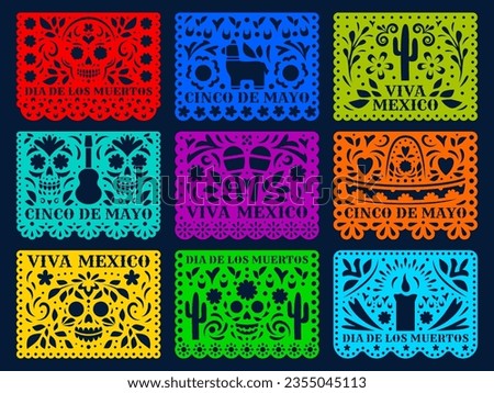 Mexican paper cut holiday flags. Cinco de mayo, dia de los muertos, viva Mexico papel picado isolated vector laser cutting templates. Traditional decor with floral pattern, skulls, cacti, pinata