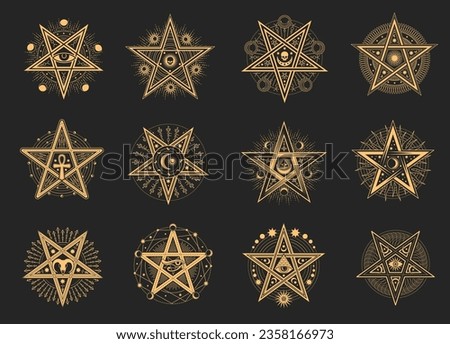 Esoteric occult pentagram, magic signs. Demon pentacle tattoo, magic mason seal, satan pentagram line vector symbols set. Alchemy, witchcraft esoteric or occult signs with pentagram stars in circle
