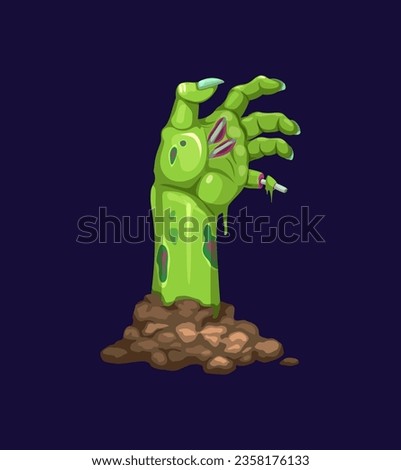 Cartoon zombie hand, decaying, green and lifeless arm, emerges from the ground, its fingers gnarled and skeletal, grasping for prey. Isolated vector dead body or corpse palm sticking out of soil