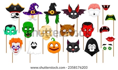Cartoon Halloween photo booth masks and monster props for holiday, vector faces on sticks. Halloween funny masks of creepy zombie, vampire and mummy, spooky pumpkin and death with werewolf and witch