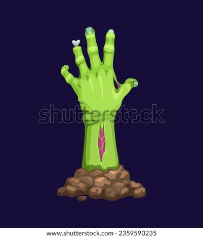 Cartoon zombie hand, isolated vector decaying corpse arm, green and rotting, with exposed bones and torn flesh, reaching out with gnarled fingers in a gruesome and eerie gesture at Halloween night