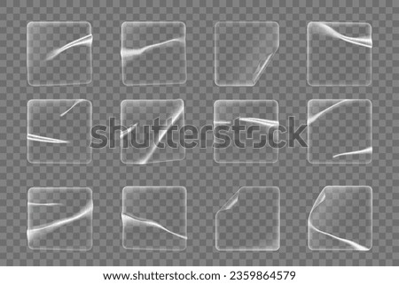 Transparent square plastic stickers, adhesive patches 3d mockups. Vector realistic stickers, clear pvc film labels or patches isolated set with round corners, folds, wrinkles and crumples