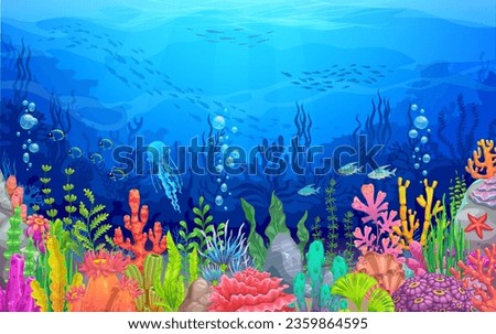 Sea underwater landscape with cartoon seaweeds and corals, undersea or ocean vector background. Fish shoals, jellyfish and starfish in tropical coral reef, ocean world and underwater marine landscape