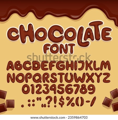 Chocolate font, candy type, brown choco typeface, tasty english alphabet letters and numbers, vector typography. Sweet dessert food abc font with cartoon melted dark chocolate drips and choco bars