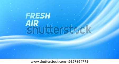 Fresh air flow or cold wind wave vector background. Abstract blue stream of fresh clean air, cold wind, aroma or smell with glowing light particles. Conditioning, filtration or ventilation themes