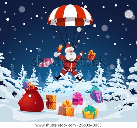 Christmas Santa with jingle bell descends to snowy forest on a parachute, spreading joy and gifts, creating a magical and memorable holiday moment. Vector Xmas holiday scene with Father Noel skydiver