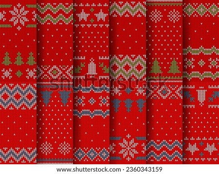 Winter Christmas sweater knit pattern textures. Vector Xmas holiday knitted ornament, red, white and green Christmas trees, snow, bells, snowflakes and geometric shapes. Ugly sweater or jumper pattern