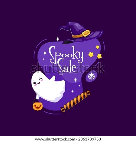 Halloween kawaii ghost holiday character, witch hat and festive sweets on amoeba blob. Isolated vector spooky sale badge, tag or banner for seasonal festive discount or clearance event