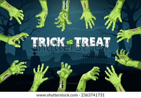 Halloween zombie hands banner for holiday horror night and trick or treat party, vector background. Spooky undead or dead zombie green hands reaching out from grave on cemetery with tombstones