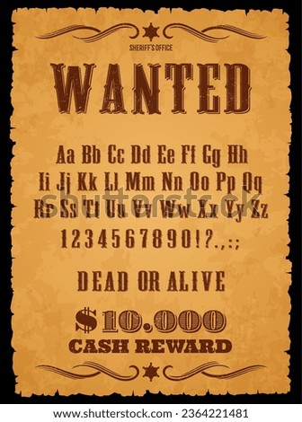 Rodeo font, Wild West type, Western typeface, vintage english alphabet, vector typography. Old Texas cowboy letters and numbers. Wanted poster abc font set on grunge background with sheriff stars