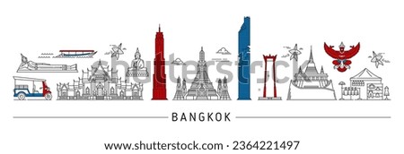 Bangkok silhouette. Thailand travel landmarks. Vector Bangkok city buildings skyline with asian culture and tourism symbols. Thin line temples, tuk tuk, boat, Buddha monuments, kites and skyscrapers