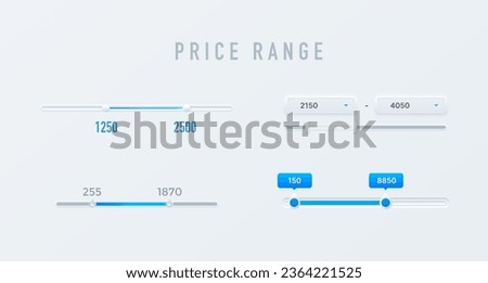 Price range sliders and filters interface elements. UI scrollbars and graphs for website page filter menu design. Vector modern horizontal scroll bars with sliders and color indicators of price values