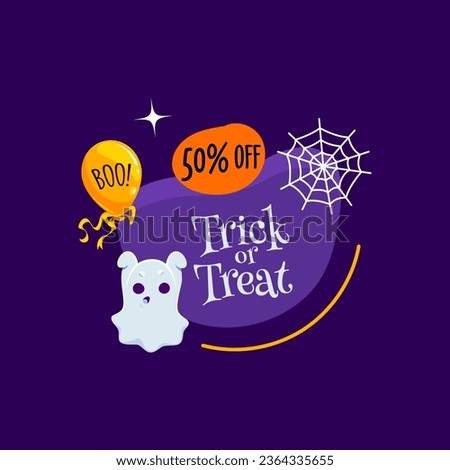 Halloween holiday kawaii ghost character saying boo on amoeba blob. Vector spooktacular sale badge. Get ghostly discounts on all treats and tricks. Do not miss out hauntingly 50 off good deals await
