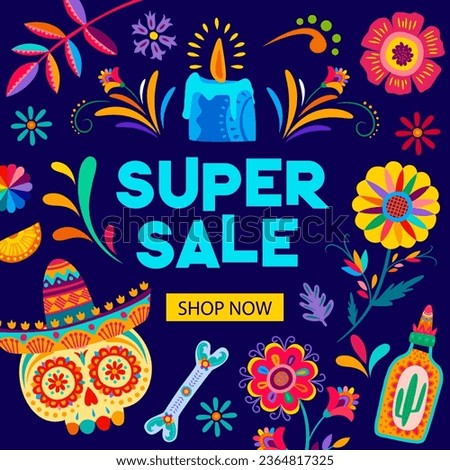 Day of the Dead Dia De Los Muertos sale banner of mexican Halloween holiday special offer. Vector calavera sugar skull, flowers and candle, sombrero, tequila and skeleton bones with floral pattern