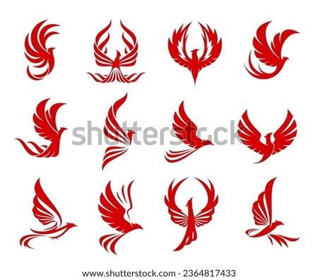 Red phoenix bird icon with fire wings and flaming feathers. Vector fenix firebird, red fire eagle, falcon or hawk flying with raised wings. Fantasy phoenix bird silhouettes set for tattoo or heraldry