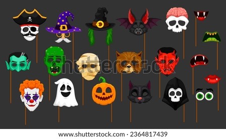 Halloween photo booth masks and props, isolated cartoon vector faces, hats, eyes and mouths. Witch, pumpkin, bat, devil, skull and zombie with ghost, monster brain and clown and mummy with black cat