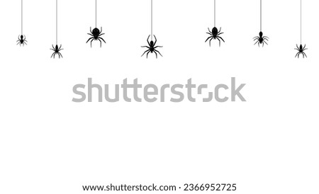 Halloween holiday spider border. Vector spine-tingling frame with black arachnids hanging down on cobweb strings. Monochrome creepy-crawly sinister spinners and spiderwebs on white background