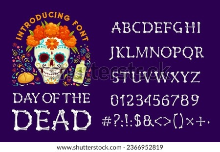 Skeleton bones font, Halloween type and Day of Dead typeface with human bones, vector English alphabet. Mexican Dia de Los Muertos font and text signs with skeleton bones letters for ABC typeface