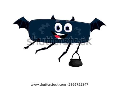 Cartoon funny math sign minus in Halloween costume of vampire bat for holiday, vector character. Minus mathematical sign character flying with potion cauldron bag for kids Halloween celebration
