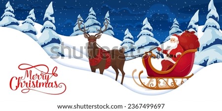 Christmas paper cut snow, cartoon Santa with reindeer and sleigh. Vector holiday xmas 3d papercut art with Father Noel deliver gifts by deer sled at night forest landscape with trees and snowfall
