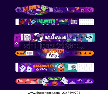 Halloween holiday party paper bracelets and hand wristband mockups set. Vector bewitching assortment of themed armlets for creepy soiree, identifying guests and adding touch of spooky spirit to event