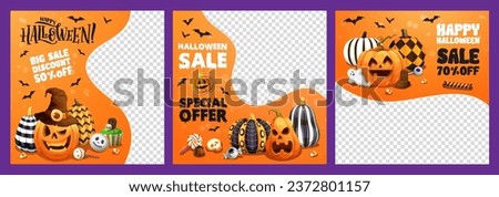 Halloween sale banner templates, big sale and special offer vector cards. Trick or treat holiday cartoon characters of horror pumpkin lanterns, bats and candies, lollipops, chocolate ghosts and skulls
