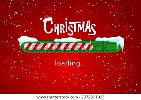 Christmas loading bar with candy cane slider, snow and Santa hat. Holiday vector Xmas or New Year load countdown on red background with snowflakes. Winter eve coming soon greeting card or web design