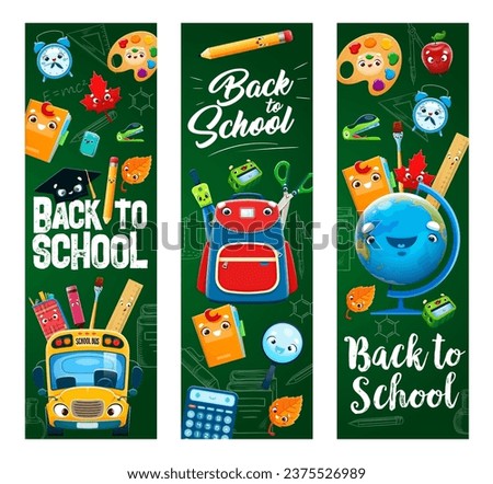 Back to school education banners. Cartoon stationery characters of cute book, notebook, pencil and eraser, ruler, apple and globe on blackboard vector background. School bus, paint, brush personages