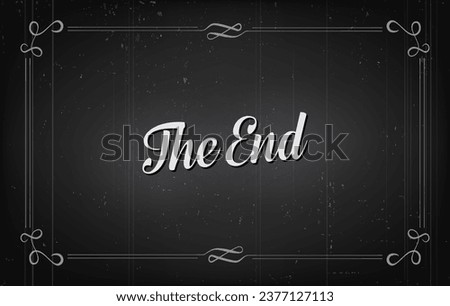 Silent movie cinema film end screen with retro border. Vintage black white grunge background of vector movie theater or cinema ending frame with victorian scrolls and vignettes, silent film poster 商業照片 © 