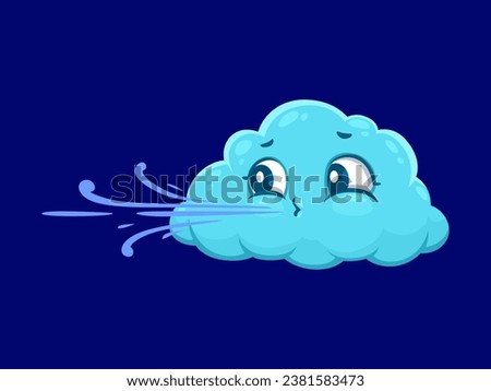 Cartoon cute wind weather character, isolated vector light blue whimsical cloud blowing swirling air flows from mouth. Playful, energetic and environmental friendly puffy personage for windy forecast