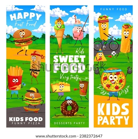 Cartoon cheerful fastfood characters on sport vacation. Kids party vector banners with pizza, french fries, hamburger and ice cream, smoothie, cake fastfood meal funny personage doing sports on meadow