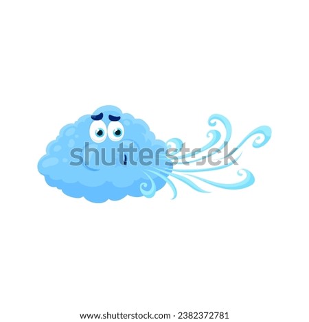 Cartoon wind character, isolated vector light blue whimsical cloud blowing swirling air flows from mouth. Playful, energetic and environmental friendly puffy weather personage for windy forecast