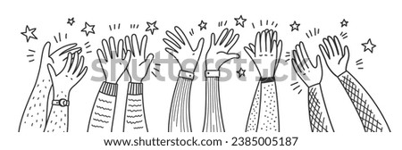 Doodle applause hands of people clapping or happy audience, cartoon vector background. Hands up applauding for success with stars on concert, celebration or congratulation, support and greeting bravo