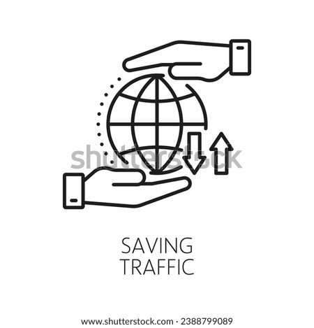 Saving traffic. CDN. Content delivery network icon, web traffic technology, blog or internet portal file upload and update service, CDN outline vector pictogram or symbol with globe and human hands