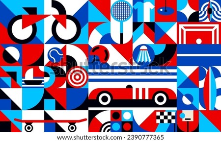 Bauhaus geometric summer sport pattern. Summer sport activities retro design background or geometric patterns vector collage with bicycle, tennis ball, skateboard and basketball hood, kayak, surfboard