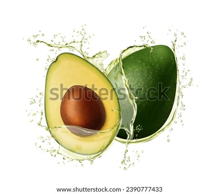 Avocado oil with splash and splatters. Fresh and ripe avocado halves with seed, natural oil or juice isolated realistic splash droplets, raw fruit or vegan healthy food 3d vector frozen motion ripples
