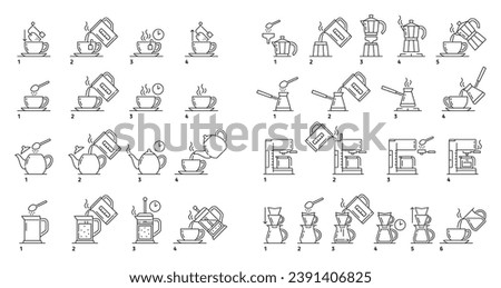 Make tea and coffee brew, preparation instruction and brewing process vector icons. Tea and coffee brew instruction icons of hot water cup or teabag with kettle pot and temperature or time of brewing