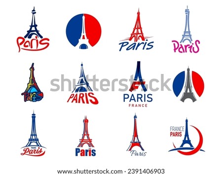 Paris Eiffel tower icons with France flag and travel landmarks, vector badges. France and Paris creative art symbols of Eiffel Tower with heart in line silhouette for French fashion or t-shirt print