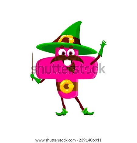 Cartoon Halloween math number plus sign wizard character. Isolated vector cute mathematics and arithmetic symbol wear sorcerer hat casting educational spell with powerful its wand for teaching kids