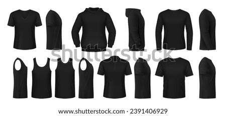 Black man shirt, hoodie and polo mockups, vector clothes, garment templates. Black shirts mock ups, sleeveless and long sleeve apparel, blank tshirt or hoody sweatshirt, men clothing casual top wear