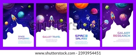 Space landing page, cartoon rocket, astronaut and planets in galaxy. Vector background with spacecraft travel in Universe. Shuttle flying in alien world explore cosmos with stars and white smoke frame