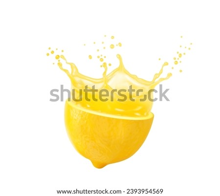 Lemon juice splash, lemonade explosion. Isolated 3d vector realistic burst of citrusy refreshment. Yellow ripe citrus fruit explode with liquid that invigorates the senses and quenches thirst